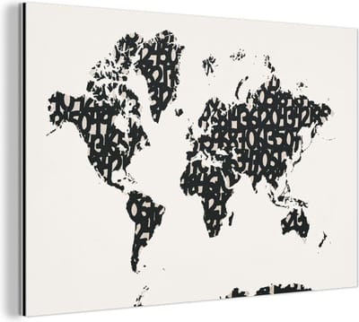 Wanddecoratie Metaal - Aluminium Schilderij Industrieel - Wereldkaart - Cijfers - Wit - 120x80 cm - Dibond - Foto op aluminium - Industriële muurdecoratie - Voor de woonkamer/slaapkamer