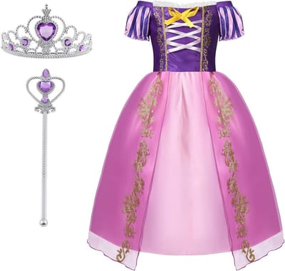 Meisjes Prinsessenjurk met Kroon en Toverstaf, Rapunzel Kostuum voor Carnaval, Halloween en Verjaardagsfeestjes