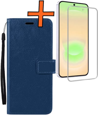 Hoes - Met Screenprotector - Geschikt voor Samsung Galaxy A37 - Luxe Pasjeshouder - Bookcase Portemonee - Flip Case - Kunstleer Book Case - Flipcase - Book Cover - Walletcase - PortemonneeHoes - Donkerblauw