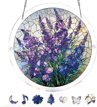 Acryl puzzel Raamhanger - Violet Design - Glas in Lood Stijl Zonnevanger - Kleurige Zonnevanger Acryl met Ketting - Wandkunst Suncatcher - Raamdecoratie - DIY - Cadeaus voor moeders, vrouwen, echtgenotes, zussen, tantes - 19cm