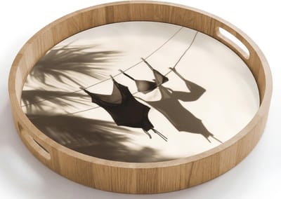 Dienblad rond 40x40 cm - Schootdienblad hout - Badkleding - Palmbomen - Schaduw - Tropisch - Borrelplank rechthoek - Plateau houten dienbladen