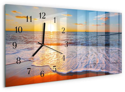 Tulup Wandklok - Zonsondergang Wandklok Glas Met Motief - 60x30 cm - Blauw Decoratieve Glazen Klok - Zwarte Handen - Rechthoekige Wandklok - Glazen Klok Met Print - Wandklok Glas Met Motief