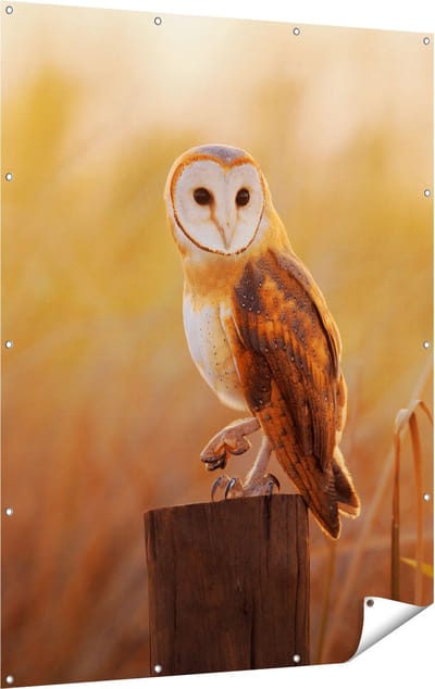 Gards Tuinposter Kerkuil op een Boomstronk - 120x160 cm - Tuindoek - Tuindecoratie - Wanddecoratie buiten - Tuinschilderij