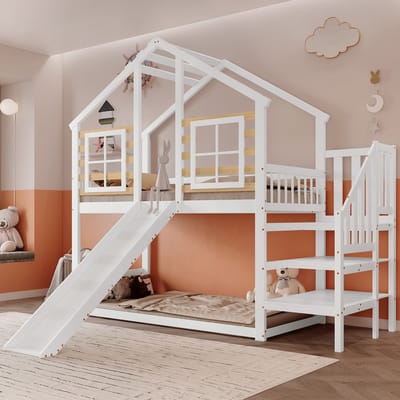 MODENUIT Stapelbed 90x200 cm – Met Glijbaan en Trap – Zonder matras – Met Hekwerk en Raam – Massief Hout en MDF – Wit/Naturel