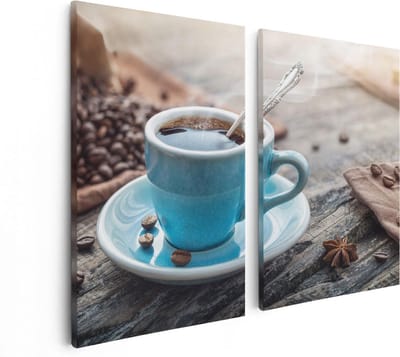 Artaza Canvas Schilderij Tweeluik Blauw Kopje Koffie Met Koffiebonen - 80x60 - Foto Op Canvas - Canvas Print