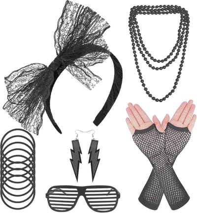 Jaren 80 kostuum accessoires set voor vrouwen, neon hoofdband, oorbellen, visnet handschoenen en ketting voor retro themafeest en carnaval