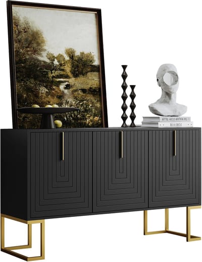 Modern 3-deurs dressoir met verstelbare planken - U-vormige kastdeuren en metalen handgrepen en voet - zwart