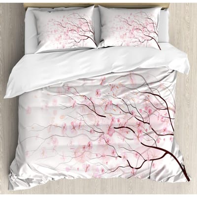Japanse Dekbedovertrek Set, Tak van een Bloeiende Sakura Boom Bloem Kersenbloesems Lente Thema Kunst Japan Beddengoed Set Volledige Maat AU Single(140x210cm)