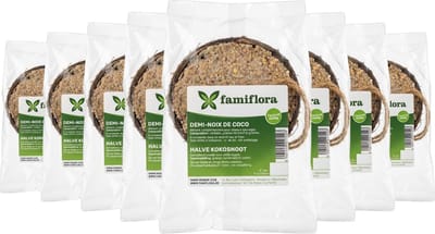 Famiflora Halve Kokosnoot Gevuld - 8 stuks (1.6KG) - Buitenvogels - Zaden & Insecten - +/- 200g per stuk - Voor tuinvogels - 100% Natuurlijke houder - Gevuld met hoogwaardig rundervet