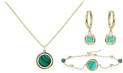 Schitterende SET: 14 Karaat Gouden Halsketting + Armband en Klapoorbellen Edelsteen Malachiet