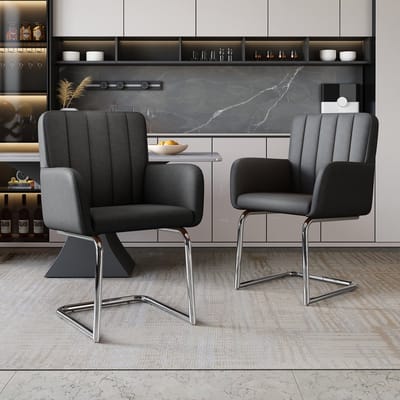 Eetkamerstoel - 2 Stuks - Gestreepte Gepolsterde Loungestoel - Zickzack Metalen Poten - Kunstleer - Zwart - N634P203884S