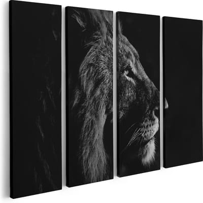 Artaza Canvas Schilderij Vierluik Leeuw - Leeuwenkop - Zwart Wit - 80x60 - Foto Op Canvas - Canvas Print