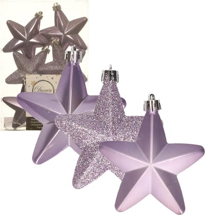 Decoris kersthanger sterren - 6x st - lila paars - 7 cm - kunststof - kerstornamenten - kerstversiering