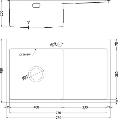 Mexen Exar 1-compartiment stalen spoelbak met afdruiprek, links 780 x 480 , goud HC - 6433781010L-55HC