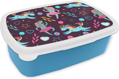 Broodtrommel Blauw - Lunchbox - Brooddoos - Unicorn - Ballet - Patroon - 18x12x6 cm - Kinderen - Jongen