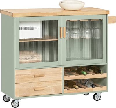 Mara Luxe Keukentrolley - Keukeneiland - Opbergtrolley - Serveerwagen - Groen - Hout - Bamboe - MDF - 109 x 38 x 92 cm