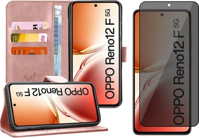 Hoesje geschikt voor Oppo Reno 12F / 12FS - Privacy Screenprotector Volledig Dekkend Glas - Portemonnee Book Case Rosegoud