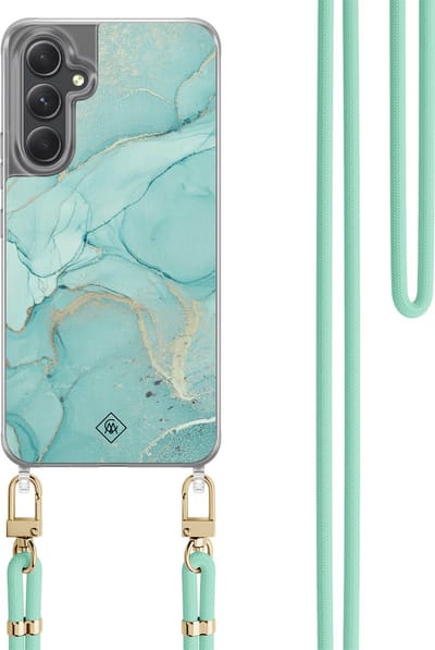 Casimoda® hoesje met koord - Geschikt voor Samsung A34 - Marmer mint groen - Afneembaar koord - TPU/polycarbonaat - Mint