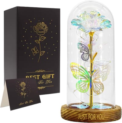 Glazen Roos - Kunstbloem Decoratie - Romantische Sfeer - Met LED Verlichting - 13x13x13 cm - Multicolor