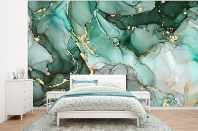 Behang - Fotobehang Goud - Marmer - Groen - Luxe - Marmerlook - Grijs - Breedte 400 cm x hoogte 300 cm