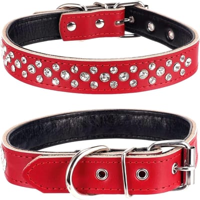 strass hondenhalsband, verstelbare, sprankelende, kristal bezette, echte lederen halsband voor huisdier/hond voor kleine en middelgrote honden (L, Rood)