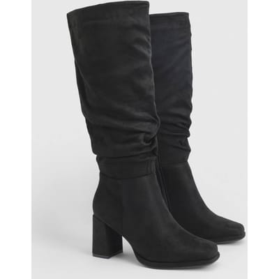 boohoo Dames Wijde Pasvorm Faux Suede Blokhak Knielaarzen | Black | Maat: 3
