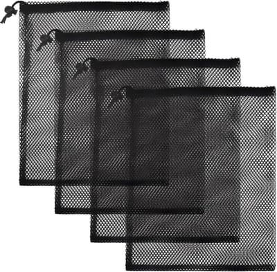 Mesh drawstring tassen - zwart - 4 stuks - lichtgewicht materiaal - ideaal voor strand en sport - ShopVlot