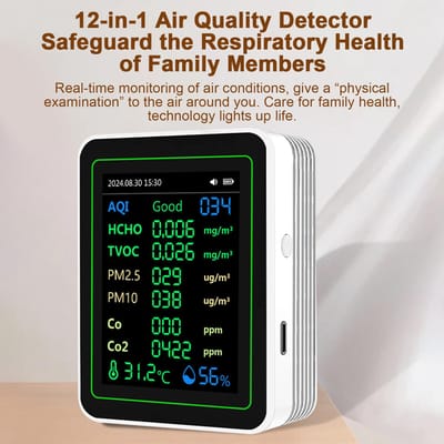 12 in 1 Luchtkwaliteitsmonitor met 2,8 inch kleurenscherm, detecteert HCHO, TVOC, PM2.5, PM10, CO, CO₂, Temperatuur en MT14 White 12-in-1 black