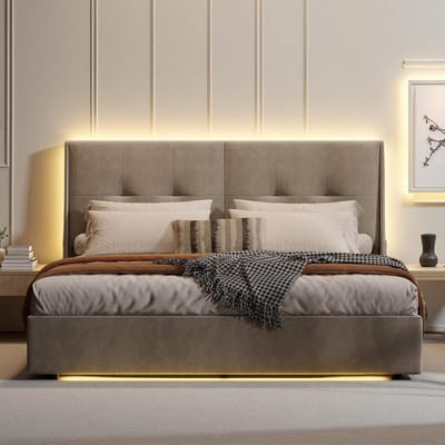 Gestoffeerd Tweepersoonsbed 160x200cm met Opbergruimte en Verstelbare LED-Verlichting