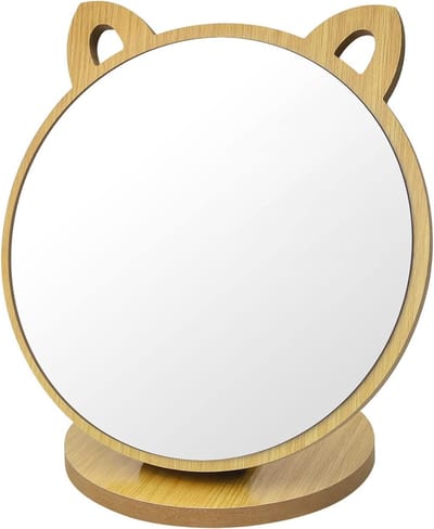DEANKEJI Makeup Mirror, Small Mirror, Creative Cat Ear Shape, Adjustable Angle, Folding Mirror, Wooden Frame with Wooden Base, Cute Style, Cosmetic Mirror for Bedroom and Living Room