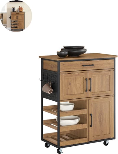 Keukeneiland - Verplaatsbaar - Keukenkast - Dressoir - Organizer - Kasten - Houten Werkblad - Bruin