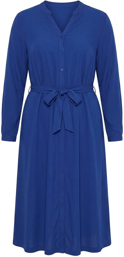 MIAMODA - Dames - Midi-jurk A-lijn strikceintuur knoopsluiting lange mouw - Donkerblauw - Maat 44