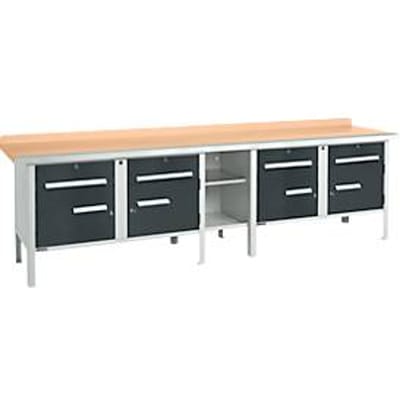 Box-type werkbank Schäfer Shop Select PWi 300-0, beuken multiplex blad, met stalen rand, tot 750 kg, B 3000 x D 700 x H 840 mm, antraciet