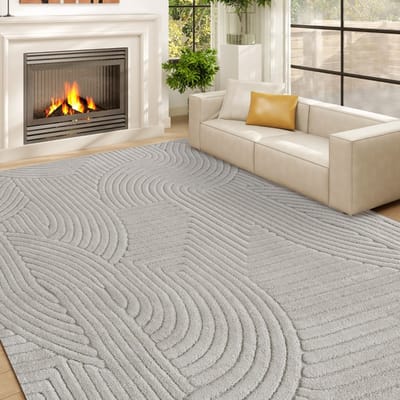 Geometrisch, zacht en antislip vloerkleed, dikke korte pool, grijs polyester jacquard, modern voor woonkamer, slaapkamer of kantoor, 160 x 120 cm, elegant
