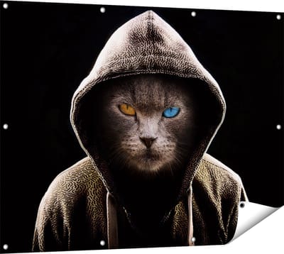 Gards Tuinposter Boze Kat Draagt een Hoodie - 120x90 cm - Tuindoek - Tuindecoratie - Wanddecoratie buiten - Tuinschilderij
