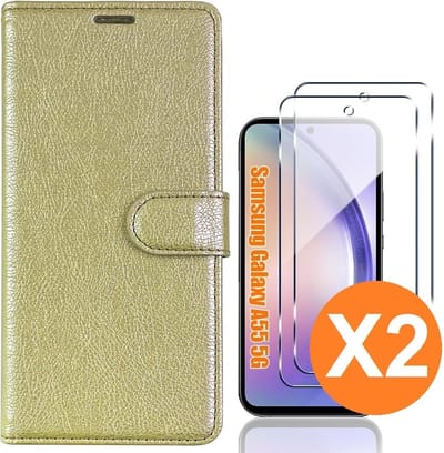 Hoesje geschikt voor Samsung Galaxy A55 5G hoesje bookcase Goud - Met screenprotector tempered glass voor Galaxy A55 - 2x