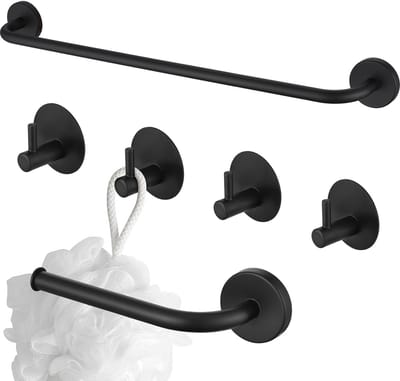 Auralum max Badkamer Accessoires Set - Handdoekrek - Toiletrolhouder - Handdoekhaakjes - RVS - Niet Boren - Set van 6 - Zwart