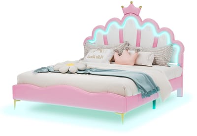 Merax Prinsessenbed 140x200 met Verlichting en Verstelbaar Hoofdbord met Kroon - Kunstleer Roze