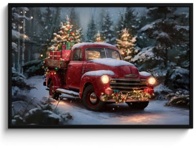 Poster in lijst - Fotolijst 120x80 cm - Posters - Kersttruck - Sneeuwbos - Rood - Posterlijst zwart - Decoratie - Wanddecoratie woonkamer - Muurdecoratie slaapkamer - Kerstversiering - Kerstdecoratie voor binnen - Kerstmis