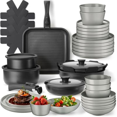 tectake® Complete Pannenset - Borden Set - Aardewerk - 41-delig - 6 Persoons - Set met Servies, Koekenpan, Grillpan, Kookpan, Kommen - Pannen met Deksel en Antiaanbaklaag - Ovenbestendig - Vaatwasbestendig - Geschikt voor Inductie - Grijs/Zwart