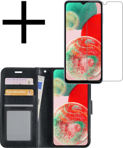 Hoesje - Met Screenprotector - Geschikt voor Samsung Galaxy A23 - Luxe Pasjeshouder - Bookcase Portemonee - Flip Case - Kunstleer Book Case - Flipcase - Book Cover - Walletcase - Portemonneehoes - Zwart