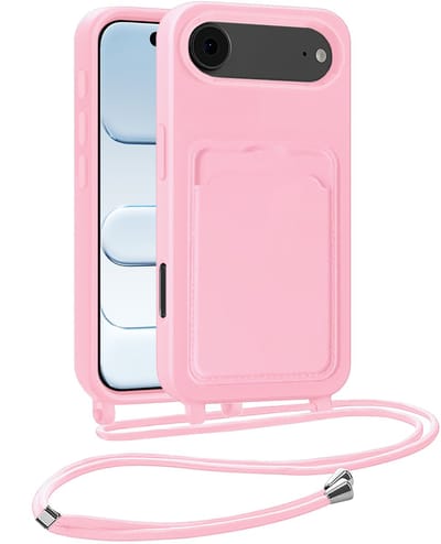 Hoesje Geschikt voor iPhone Air Hoesje Met Telefoonkoord en Pasjeshouder Siliconen - Hoes Geschikt voor iPhone Air Hoesje Met Kaarthouder Case - Lichtroze