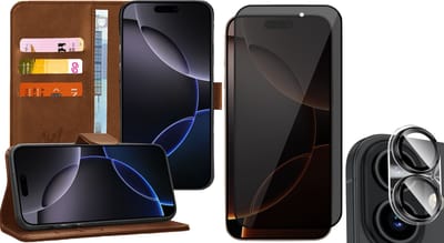 Hoesje geschikt voor iPhone 16 - Privacy Screenprotector Volledig Dekkend Glas & Camera - Portemonnee Book Case Bruin