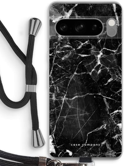 Case Company® - Hoesje met koord geschikt voor Google Pixel 8 Pro hoesje met Koord - Zwart Marmer - Telefoonhoesje met Zwart Koord - Bescherming aan alle Kanten en Over de Schermrand