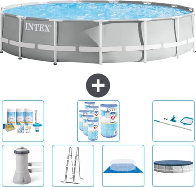 Intex Rond Prism Frame Zwembad - 457 x 107 cm - Grijs - Inclusief Pomp - Ladder - Grondzeil - Afdekzeil Onderhoudspakket - Filters - Schoonmaakset