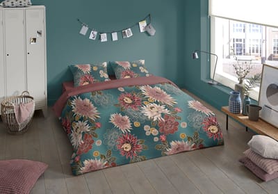 Pure dekbedovertrek bloemen - 1 persoons 140x200/220 cm - Petrol - Microvezel