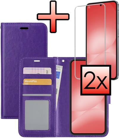 Hoesje - Met 2x Screenprotector - Geschikt voor Samsung Galaxy A56 - Luxe Pasjeshouder - Bookcase Portemonee - Flip Case - Kunstleer Book Case - Flipcase Hoes - Book Cover - Walletcase - Portemonneehoes - Paars