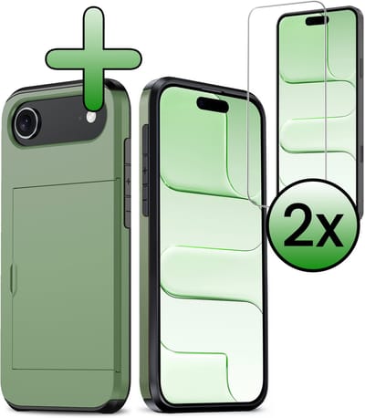Hoes Geschikt voor iPhone Air Hoesje Hard Case Met Pas Houder Met 2x Screenprotector - Hoesje Geschikt voor iPhone Air Hoes Shockproof Hard Cover Met Kaarthouder - Donkergroen