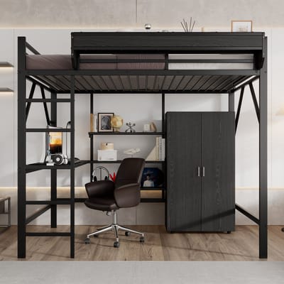 Hoogslaper - 140x200 - Met Bureau En Opbergruimte - Inclusief Kledingkast - Metaal MDF - Zwart