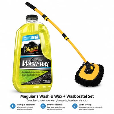 Meguiar’s Hybrid Ceramic Wash & Wax + Uitschuifbare Microvezel Wasborstel – Complete Krasvrije Autowas Set